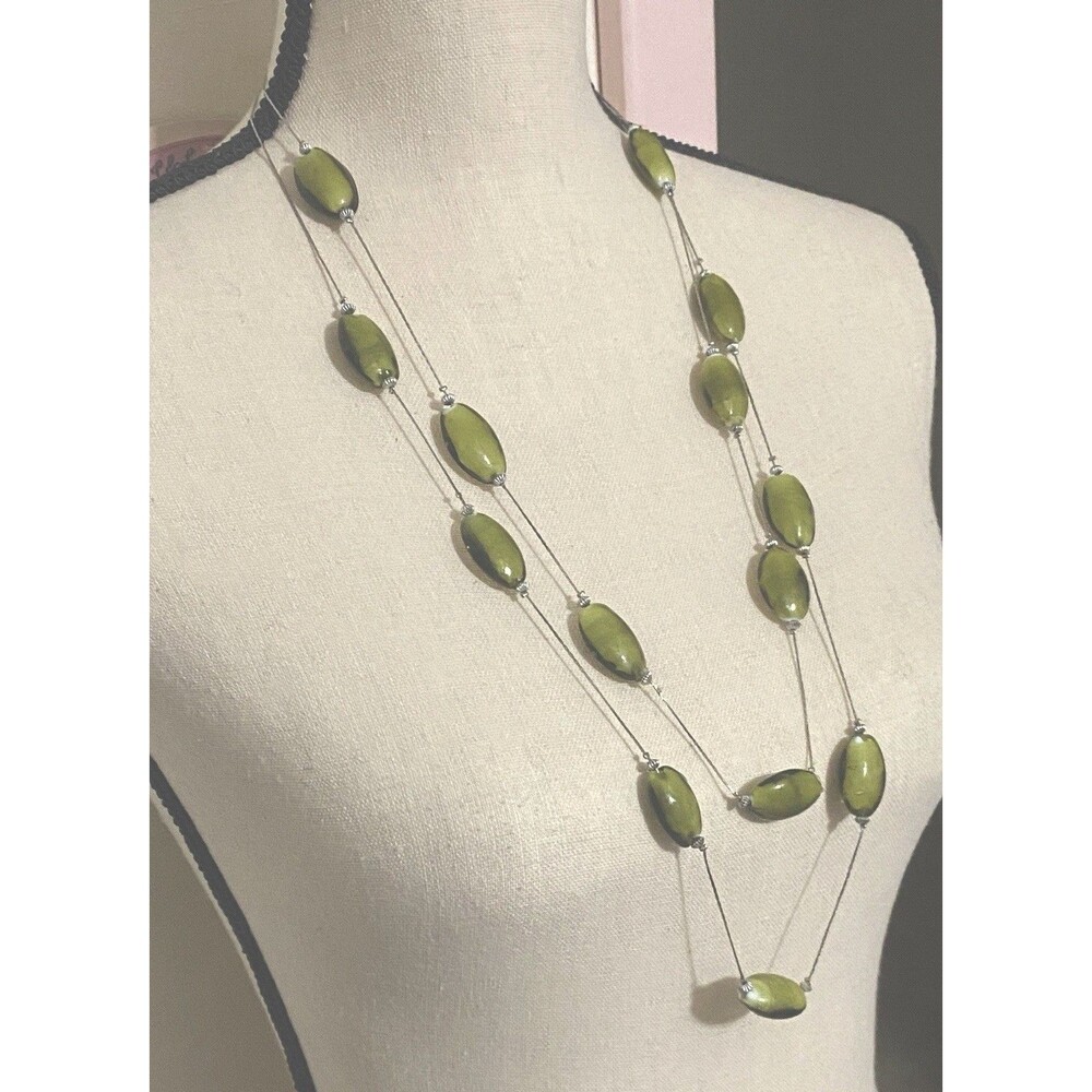 Art Glass Double Strand Chain Necklace Green & Black Beads Boho Fairy Whimsygoth - Picture 3 of 9